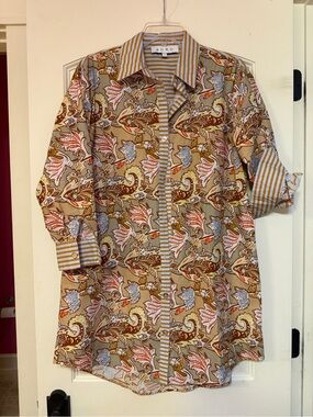 Buru Beige Paisley Mini Dress with Stripe Trim